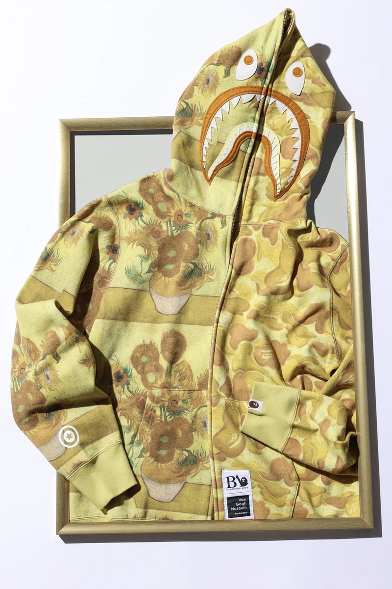 BAPE Teams up With the Van Gogh Museum on Limited Edition Capsule french artist self portrait in a gray felt hat blooming plum archard yellow house sunflowers blooming almonds wheat field with crows ape head 