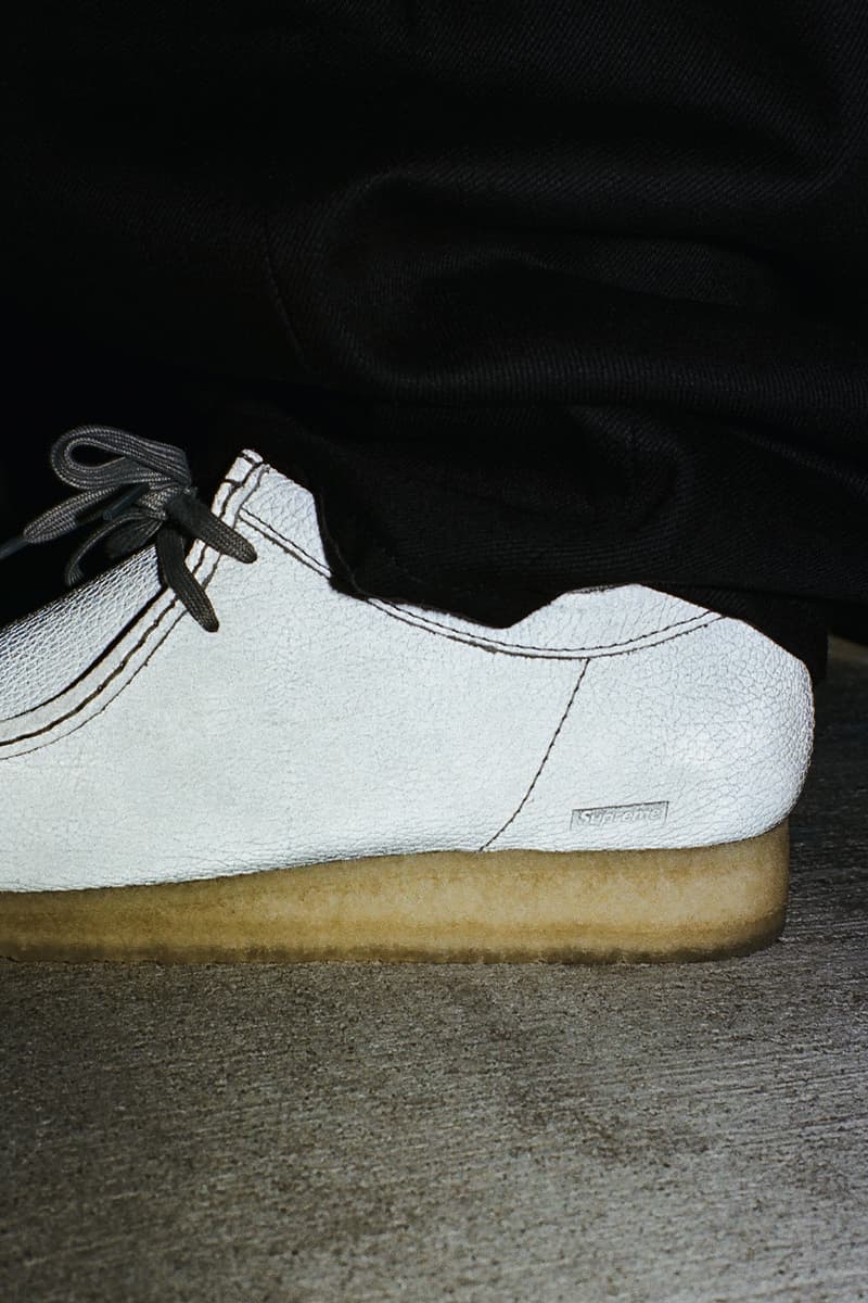 Supreme x Clarks Originals Spring 2025 Collaboration Release Info Collection three colorways natural crepe leather upper lining shoes slip ons wallabees