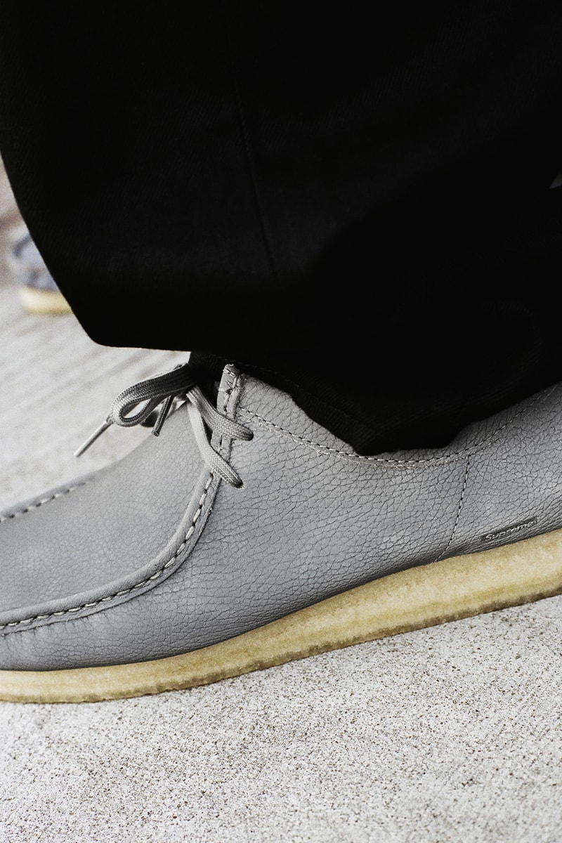 Supreme x Clarks Originals Spring 2025 Collaboration Release Info Collection three colorways natural crepe leather upper lining shoes slip ons wallabees