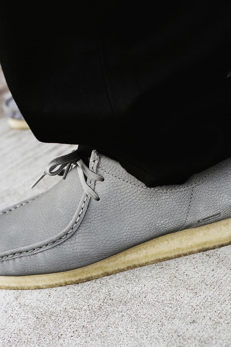Supreme x Clarks Originals Spring 2025 Collaboration Release Info Collection three colorways natural crepe leather upper lining shoes slip ons wallabees
