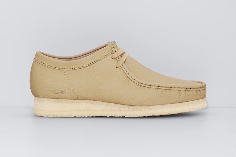 Supreme x Clarks Originals Spring 2025 Collaboration Release Info Collection three colorways natural crepe leather upper lining shoes slip ons wallabees
