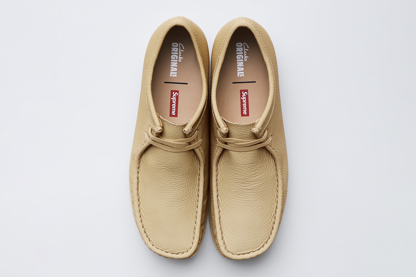Supreme x Clarks Originals Spring 2025 Collaboration Release Info Collection three colorways natural crepe leather upper lining shoes slip ons wallabees