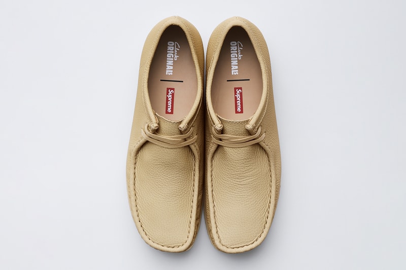 Supreme x Clarks Originals Spring 2025 Collaboration Release Info Collection three colorways natural crepe leather upper lining shoes slip ons wallabees