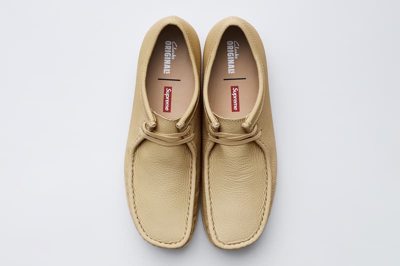 Supreme x Clarks Originals Spring 2025 Collaboration Release Info Collection three colorways natural crepe leather upper lining shoes slip ons wallabees