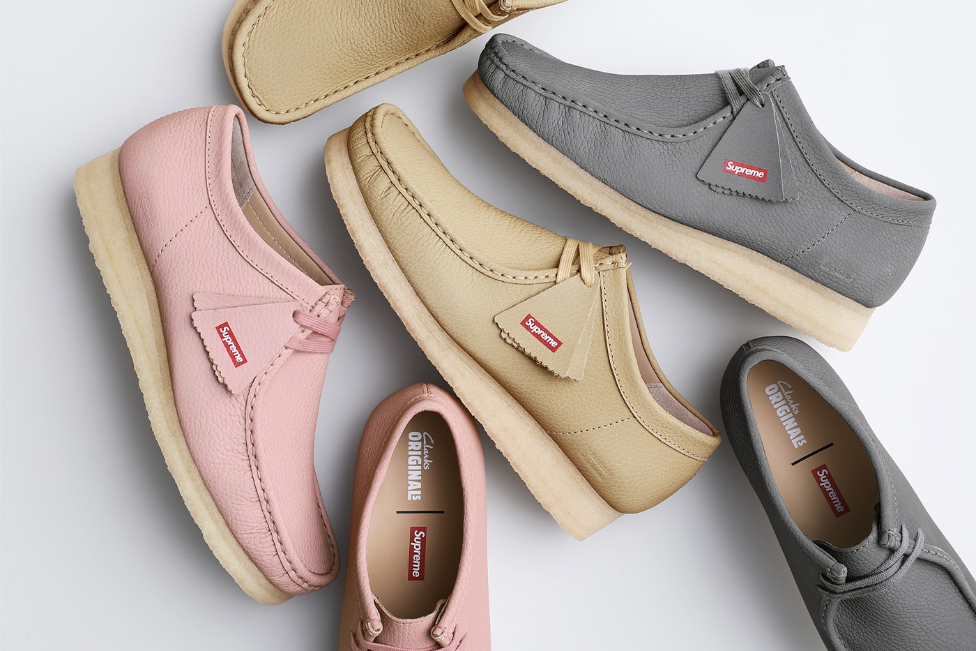 Supreme x Clarks Originals Spring 2025 Collaboration Release Info Collection three colorways natural crepe leather upper lining shoes slip ons wallabees