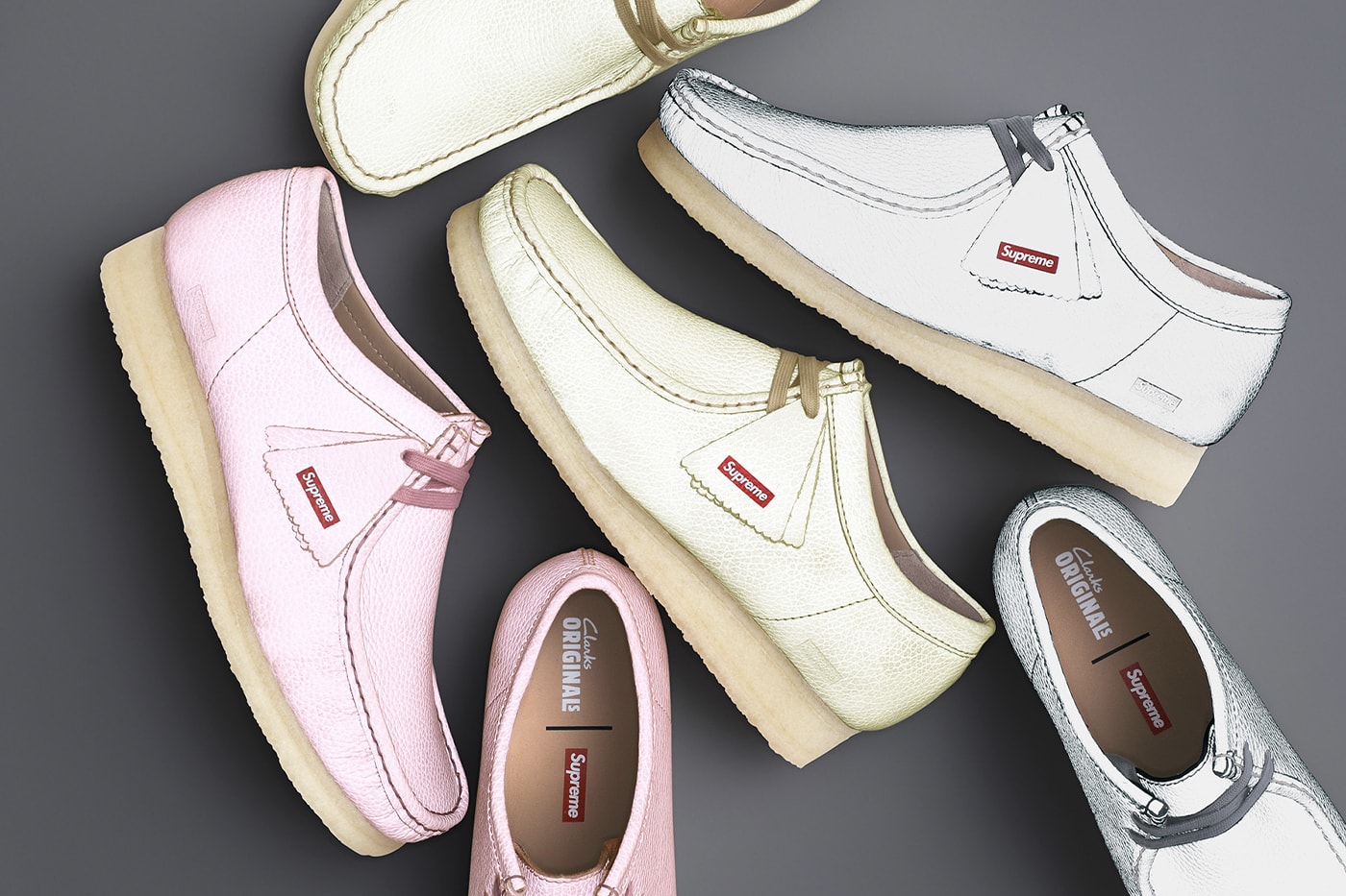Supreme x Clarks Originals Spring 2025 Collaboration Release Info Collection three colorways natural crepe leather upper lining shoes slip ons wallabees
