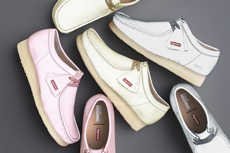 Supreme x Clarks Originals Spring 2025 Collaboration Release Info Collection three colorways natural crepe leather upper lining shoes slip ons wallabees
