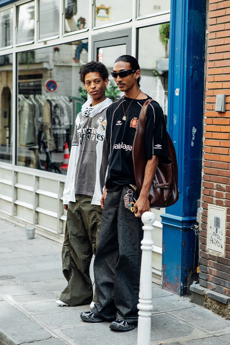 Paris Fashion Week SS26 Street Style louis vuitton suits leather ensembles balenciaga palace skateboards soccer jerseys rick owens cult relaxed suiting denim on denim streetwear