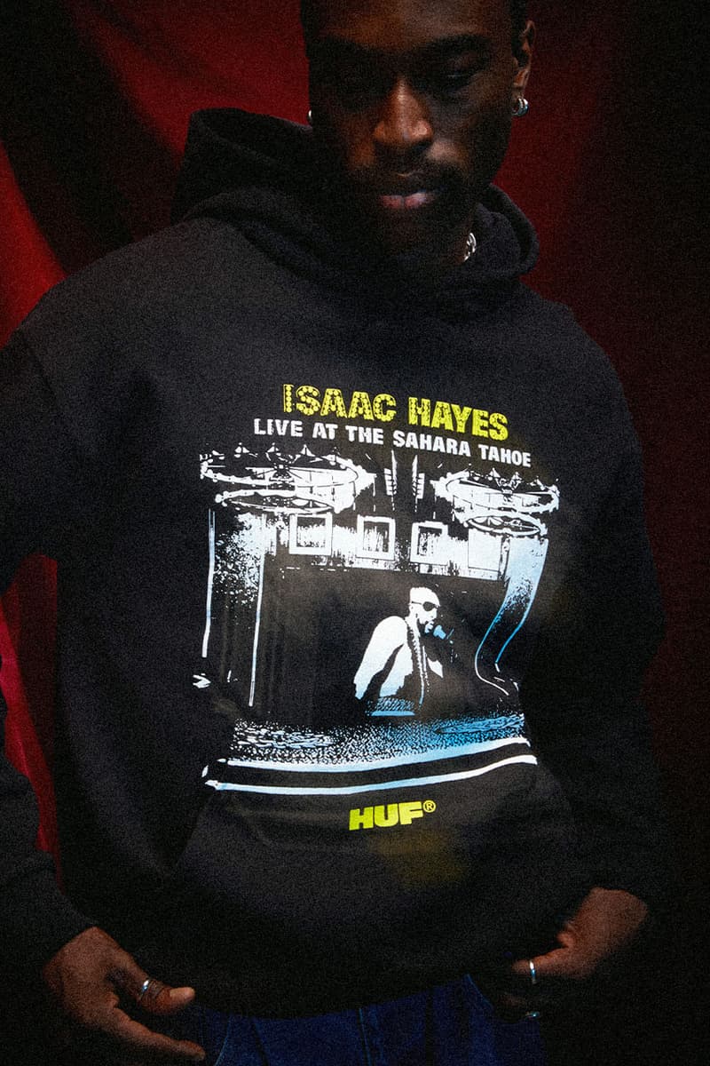 Isaac Hayes' Iconic Albums Are the Centerfold of His HUF Collaboration release info drop lookbook Black Moses, Live at the Sahara Tahoe, and Hot Buttered Soul