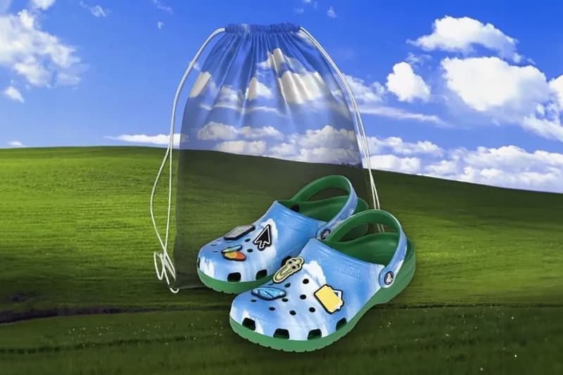 Microsoft Celebrates 50 Years With Exclusive Windows XP-Themed Crocs Classic Clog sky bue green wallpaper background 