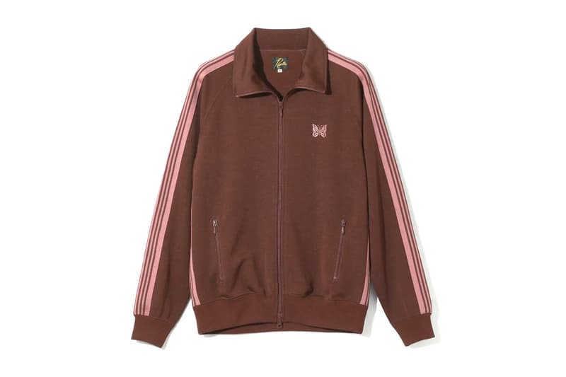 NEEDLES Unveils FW25 Classic Track Suit Series jacket pant poly smooth crew neck shirt butterfly red green maroon brown