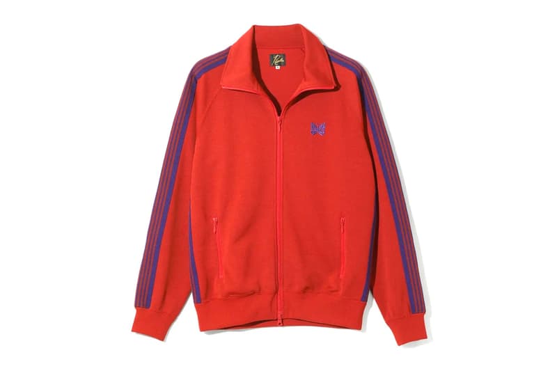 NEEDLES Unveils FW25 Classic Track Suit Series jacket pant poly smooth crew neck shirt butterfly red green maroon brown