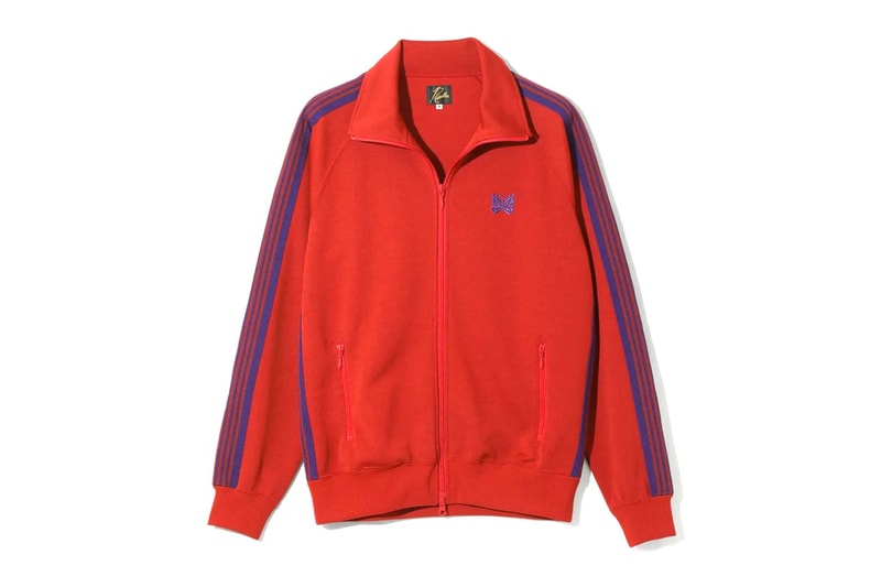 NEEDLES Unveils FW25 Classic Track Suit Series jacket pant poly smooth crew neck shirt butterfly red green maroon brown