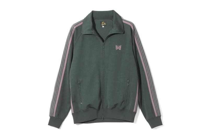NEEDLES Unveils FW25 Classic Track Suit Series jacket pant poly smooth crew neck shirt butterfly red green maroon brown