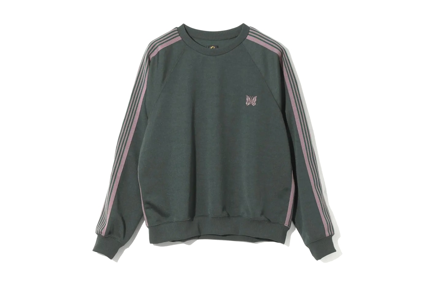 NEEDLES Unveils FW25 Classic Track Suit Series jacket pant poly smooth crew neck shirt butterfly red green maroon brown