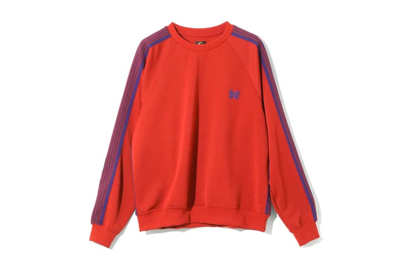 NEEDLES Unveils FW25 Classic Track Suit Series jacket pant poly smooth crew neck shirt butterfly red green maroon brown