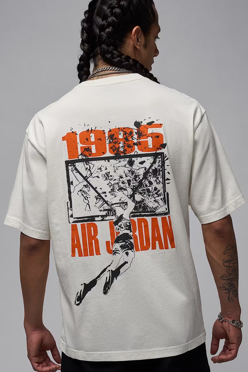 Jordan Brand Drops New Tees Honoring the "Shattered Backboard" Dunk black white orange aj1 michael jordan italy 1985