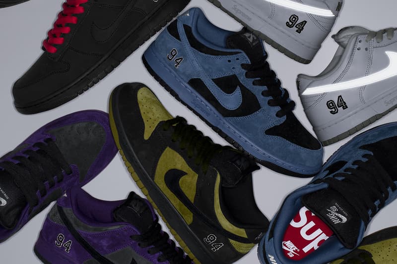 Supreme x Nike SB Dunk Low Fall 2025 Collaboration white black blue purple green suede nubuck leather 3m reflective 94 red supreme insole