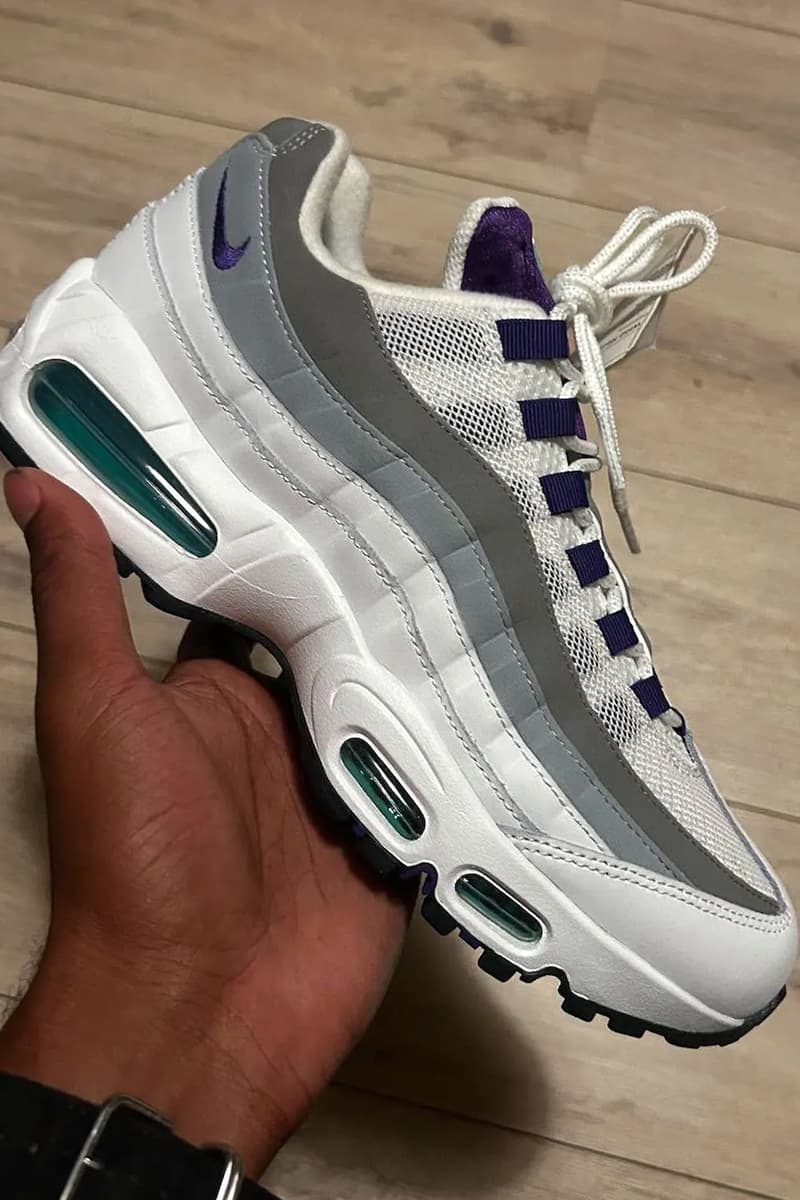 First Look at the Nike Air Max 95 OG "Grape" HJ5996-100 White/Court Purple-Emerald Green-Wolf Grey spring 2025 release info