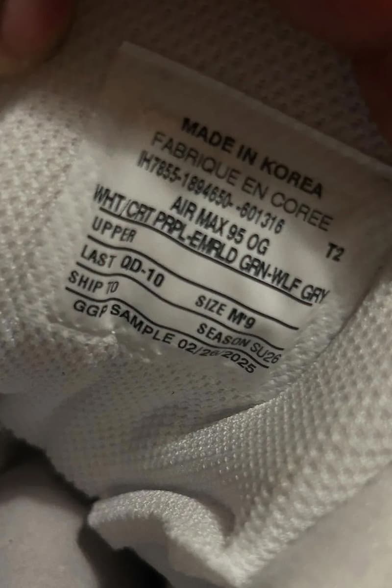 First Look at the Nike Air Max 95 OG "Grape" HJ5996-100 White/Court Purple-Emerald Green-Wolf Grey spring 2025 release info