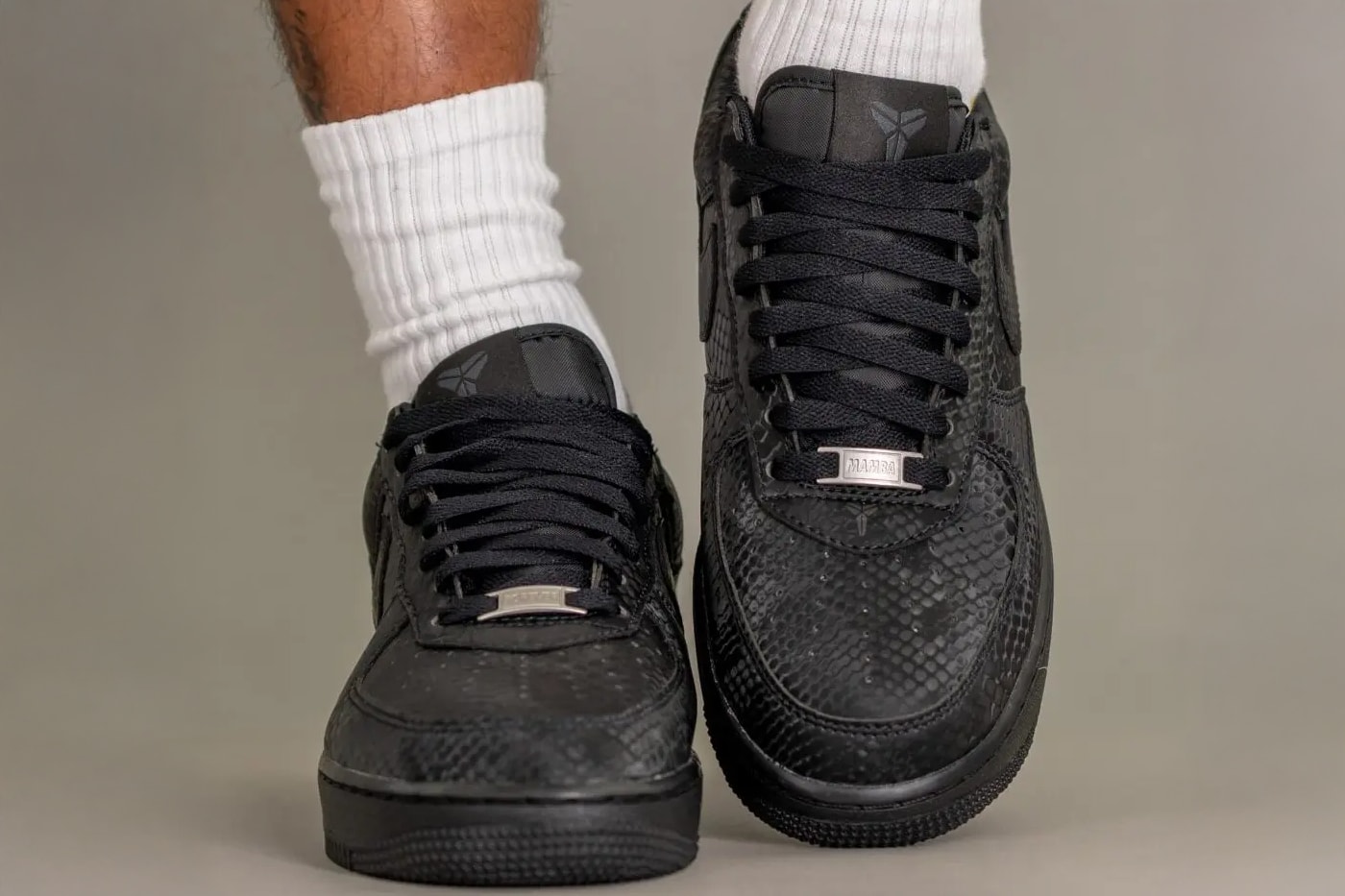 On-Feet Look at Kobe Bryant x Nike Air Force 1 Low “Black” mamba snake skin leather all black af1 swoosh