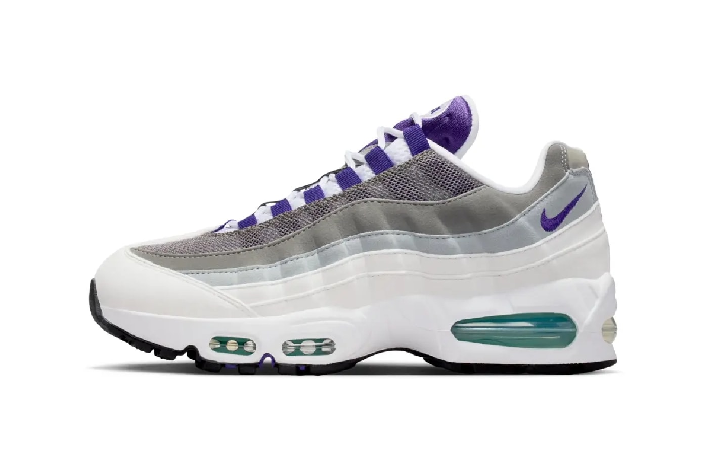 First Look at the Nike Air Max 95 OG "Grape" HJ5996-100 White/Court Purple-Emerald Green-Wolf Grey spring 2025 release info