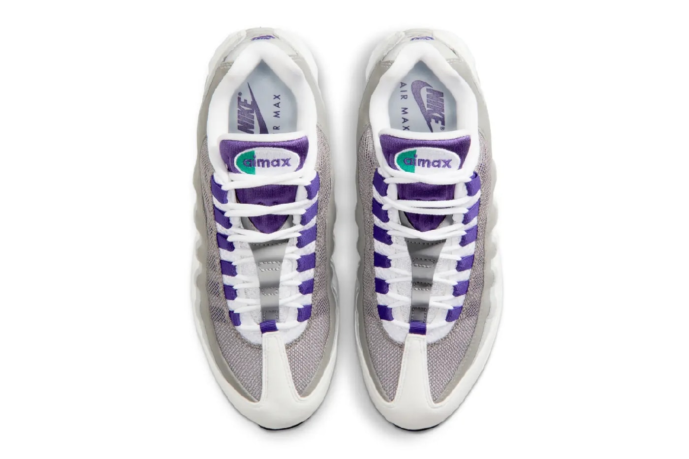 First Look at the Nike Air Max 95 OG "Grape" HJ5996-100 White/Court Purple-Emerald Green-Wolf Grey spring 2025 release info