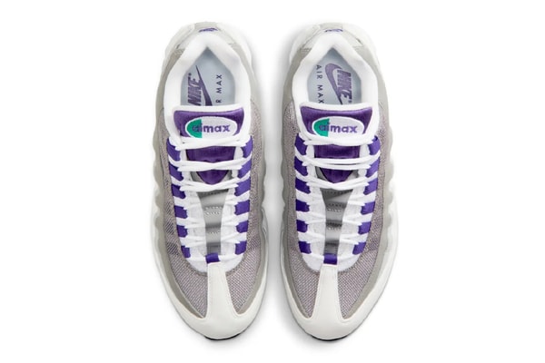 First Look at the Nike Air Max 95 OG "Grape" HJ5996-100 White/Court Purple-Emerald Green-Wolf Grey spring 2025 release info