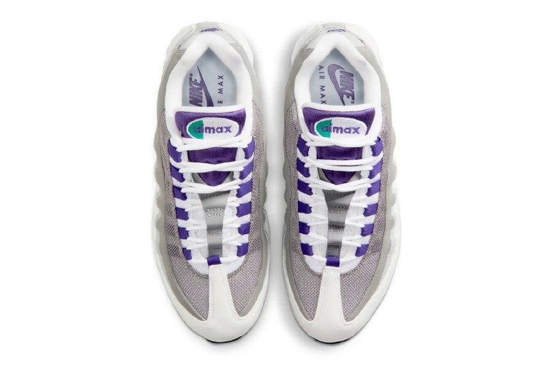 First Look at the Nike Air Max 95 OG "Grape" HJ5996-100 White/Court Purple-Emerald Green-Wolf Grey spring 2025 release info