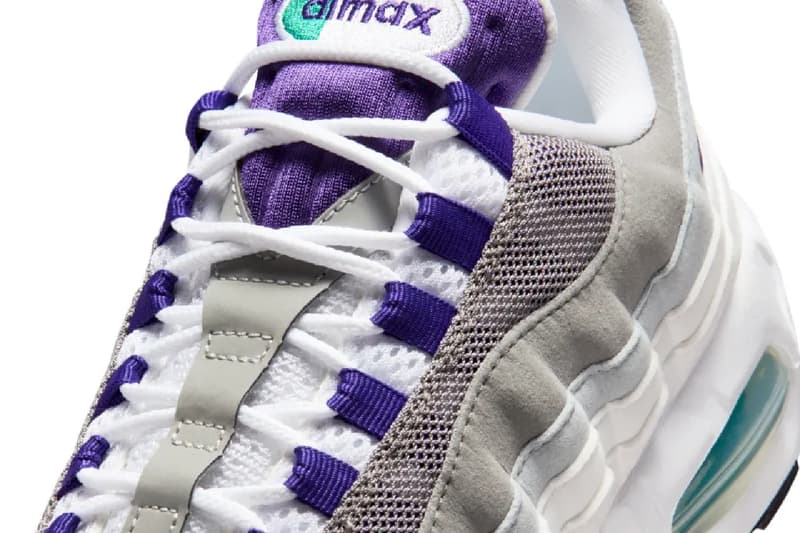 First Look at the Nike Air Max 95 OG "Grape" HJ5996-100 White/Court Purple-Emerald Green-Wolf Grey spring 2025 release info