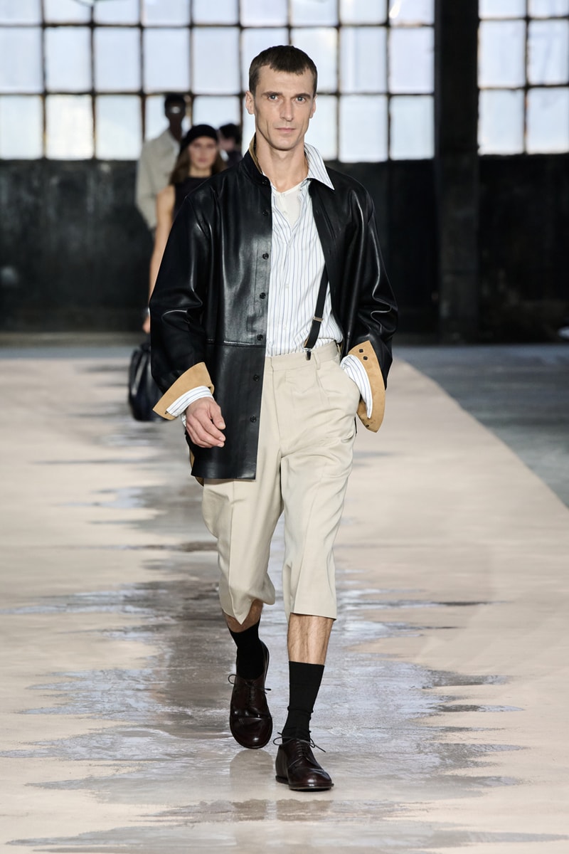 boss marco falconi spring/summer 2026 milan fashion week tailoring boris acket artists paradox contrasts leather double pleated suits dresses shorts italian wool