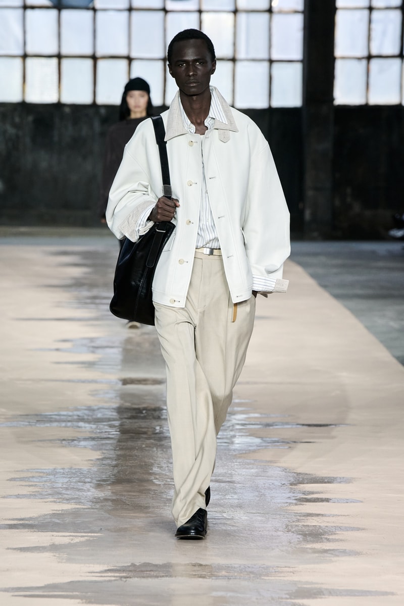 boss marco falconi spring/summer 2026 milan fashion week tailoring boris acket artists paradox contrasts leather double pleated suits dresses shorts italian wool