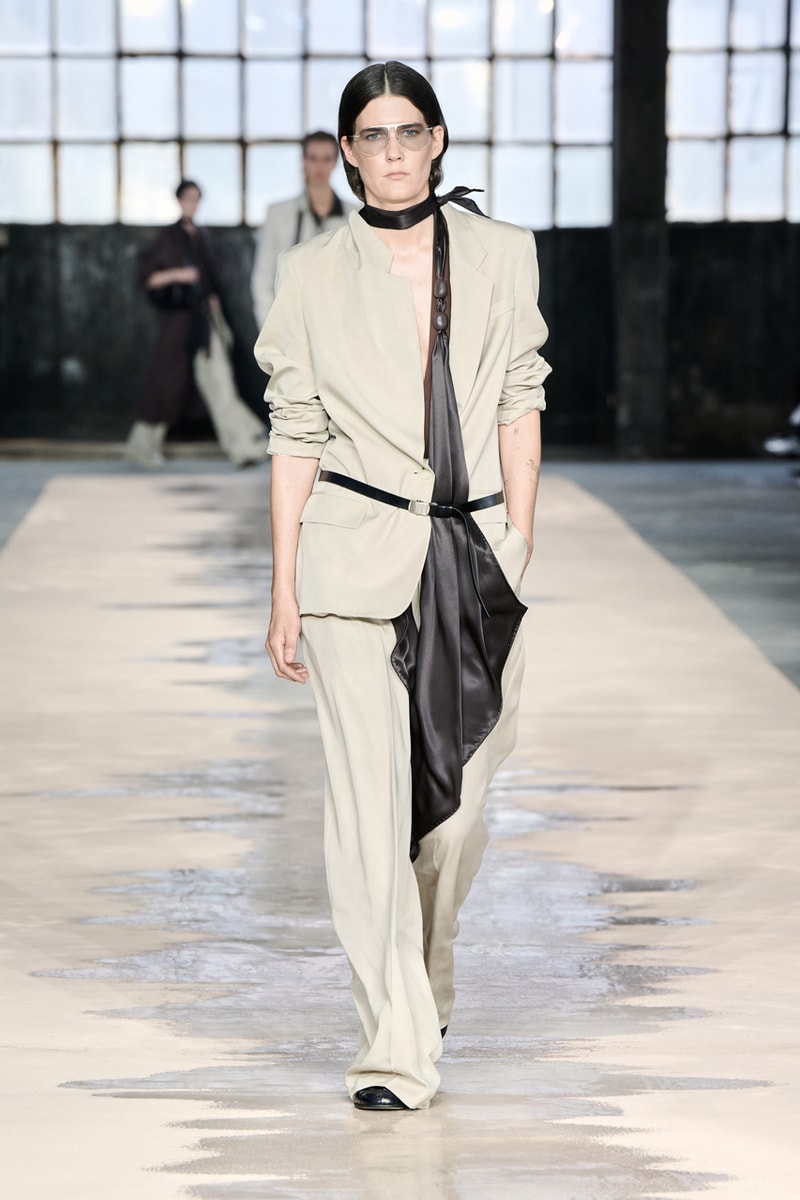 boss marco falconi spring/summer 2026 milan fashion week tailoring boris acket artists paradox contrasts leather double pleated suits dresses shorts italian wool