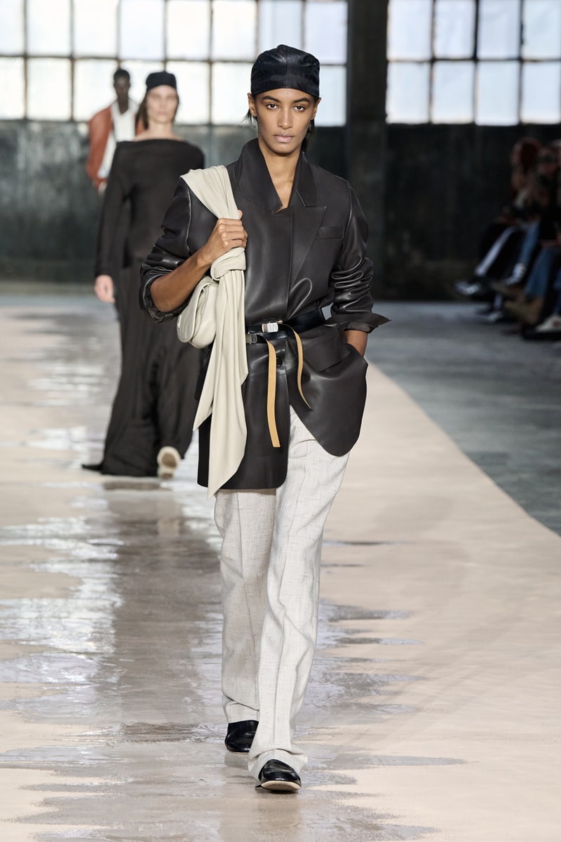 boss marco falconi spring/summer 2026 milan fashion week tailoring boris acket artists paradox contrasts leather double pleated suits dresses shorts italian wool