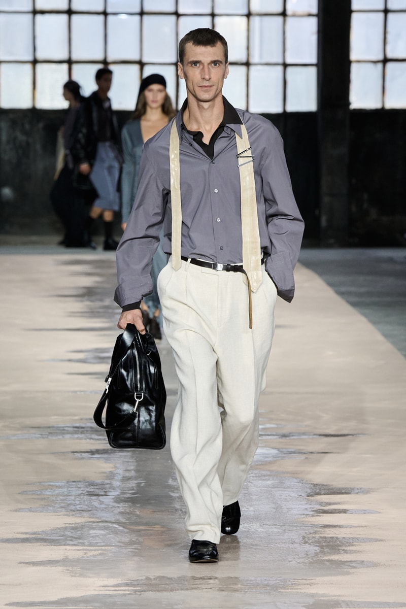 boss marco falconi spring/summer 2026 milan fashion week tailoring boris acket artists paradox contrasts leather double pleated suits dresses shorts italian wool
