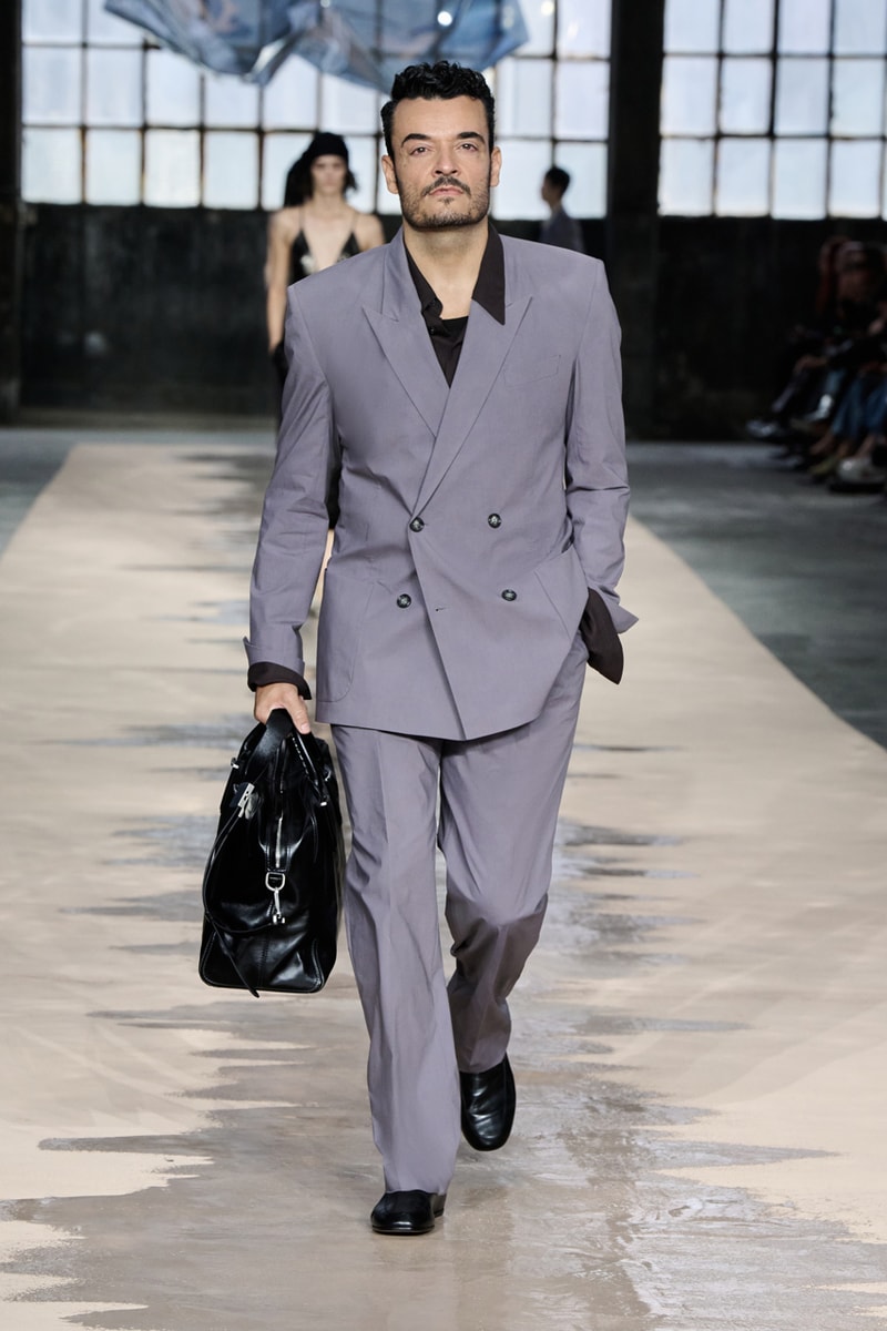 boss marco falconi spring/summer 2026 milan fashion week tailoring boris acket artists paradox contrasts leather double pleated suits dresses shorts italian wool