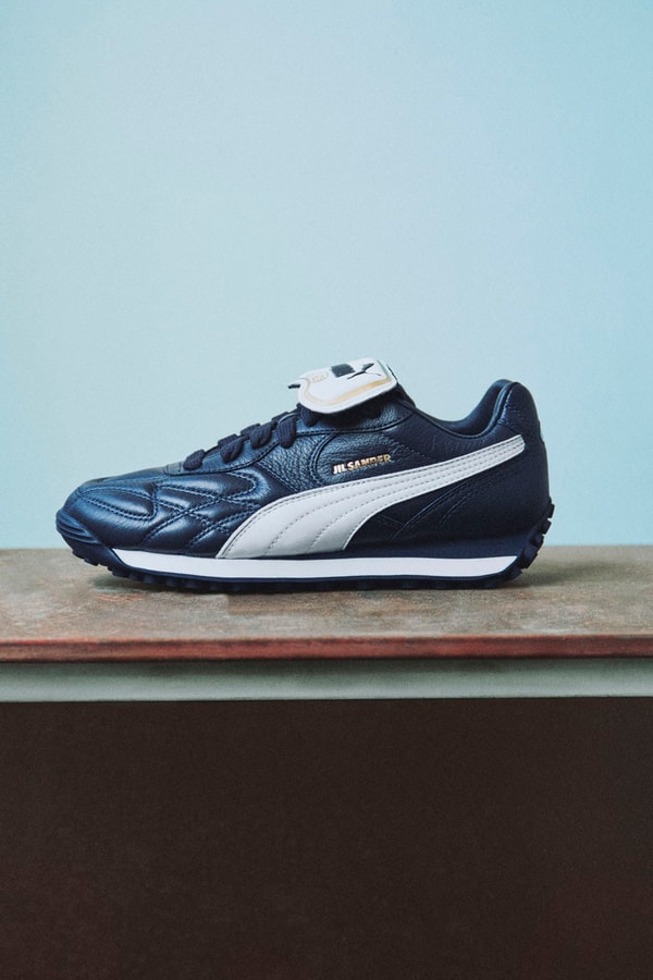 Jil Sander x PUMA Is King avanti collab sneaker release info drop price pele soccer football colorway navy blue white flap 
