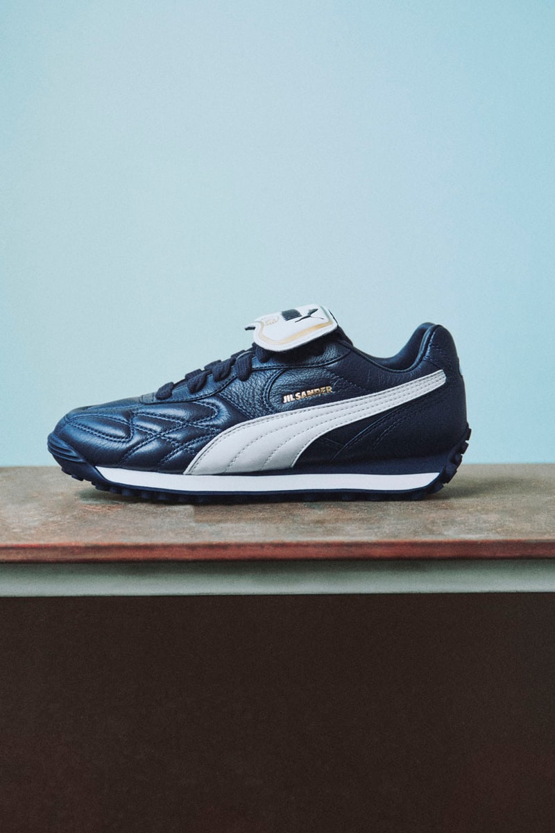 Jil Sander x PUMA Is King avanti collab sneaker release info drop price pele soccer football colorway navy blue white flap 