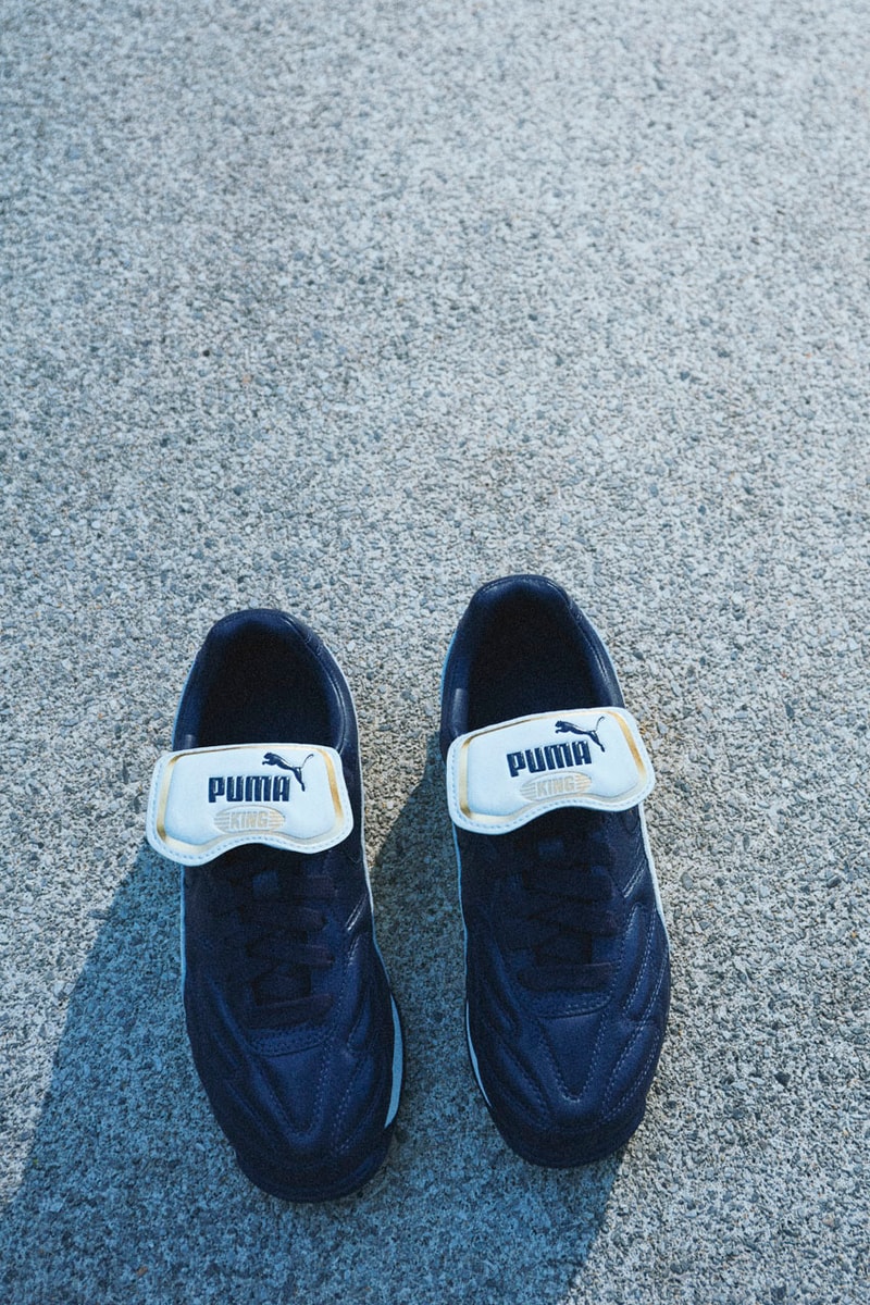 Jil Sander x PUMA Is King avanti collab sneaker release info drop price pele soccer football colorway navy blue white flap 