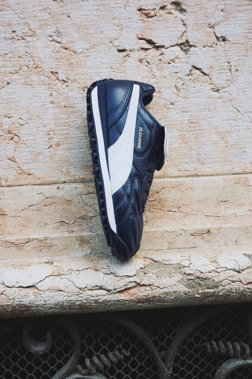 Jil Sander x PUMA Is King avanti collab sneaker release info drop price pele soccer football colorway navy blue white flap 