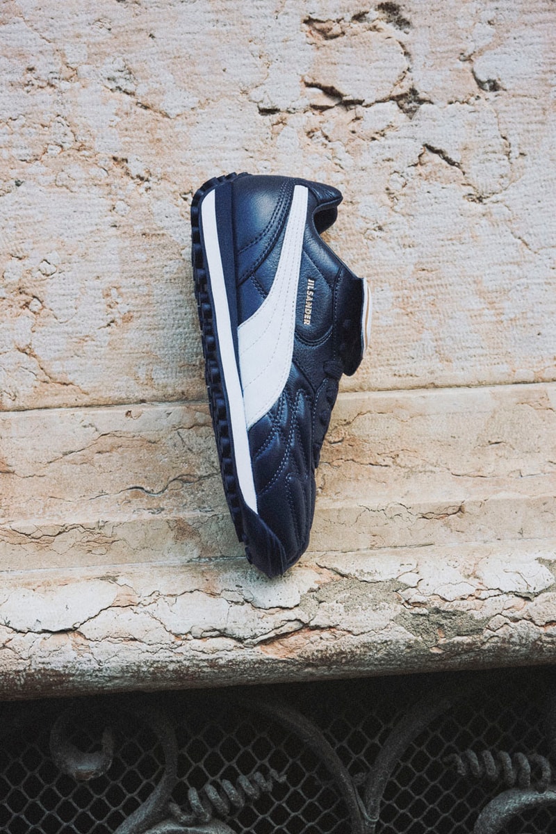 Jil Sander x PUMA Is King avanti collab sneaker release info drop price pele soccer football colorway navy blue white flap 