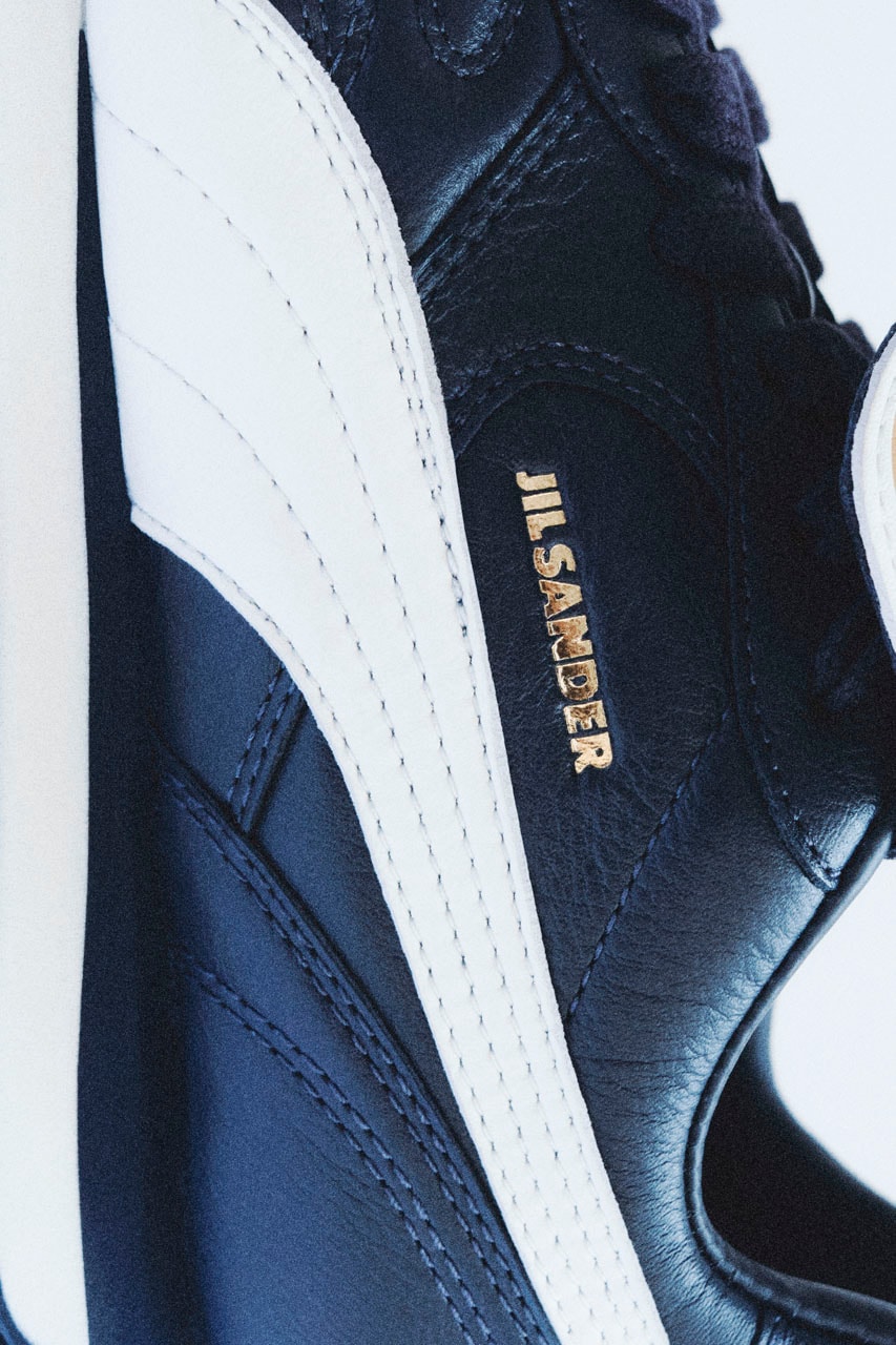 Jil Sander x PUMA Is King avanti collab sneaker release info drop price pele soccer football colorway navy blue white flap 