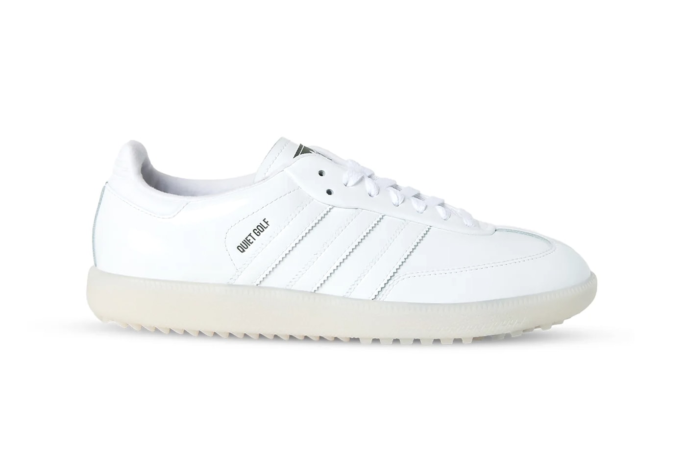 Official Look at the Quiet Golf x adidas Samba Golf hypegolf shoes collaboration release info spikes qg three stripes all white
