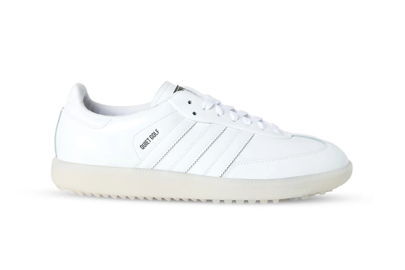 Official Look at the Quiet Golf x adidas Samba Golf hypegolf shoes collaboration release info spikes qg three stripes all white