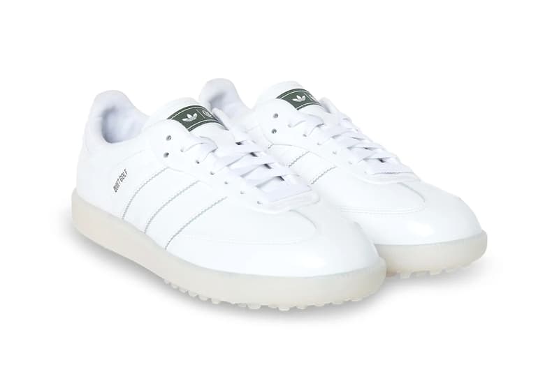 Official Look at the Quiet Golf x adidas Samba Golf hypegolf shoes collaboration release info spikes qg three stripes all white