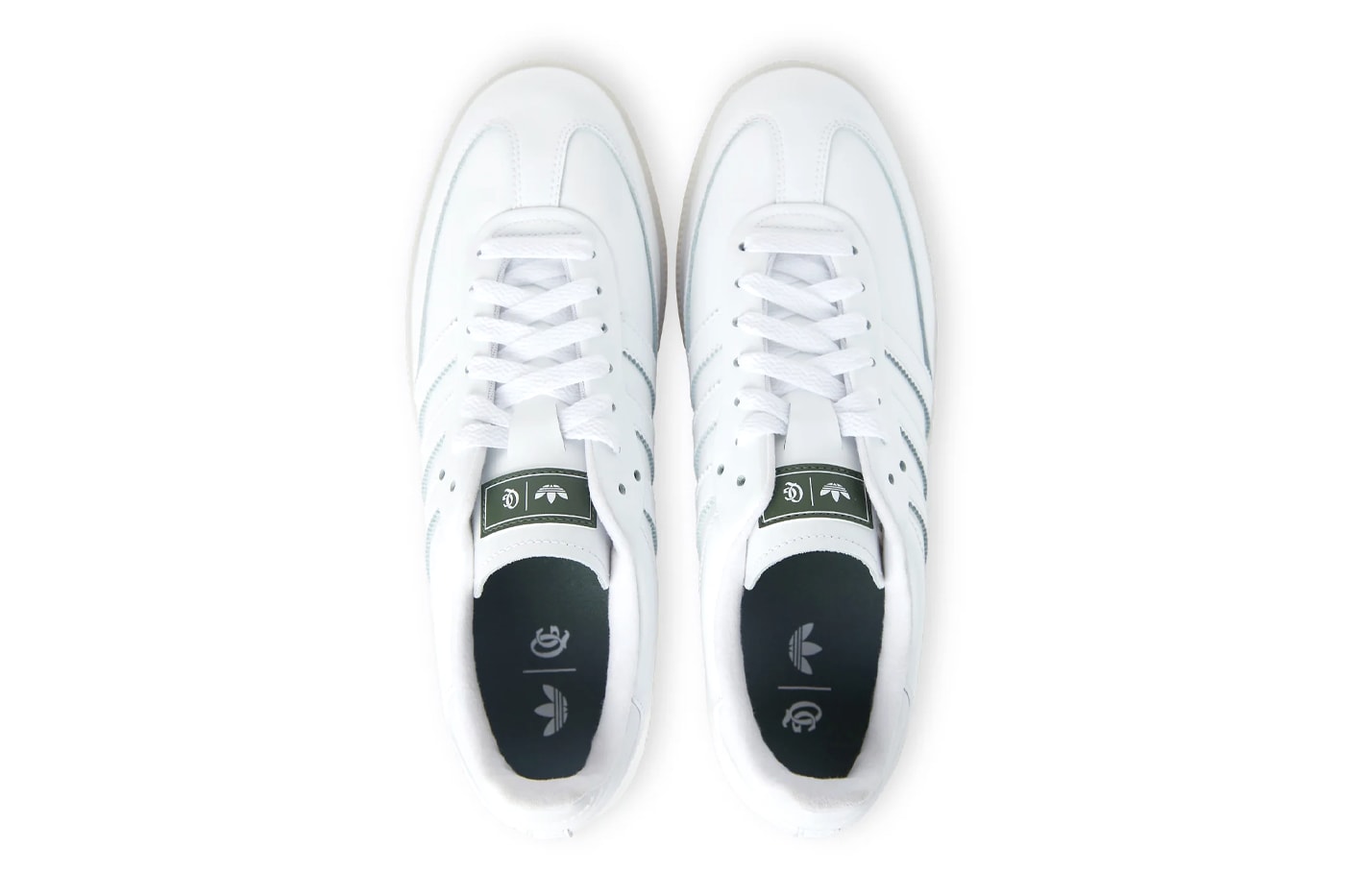 Official Look at the Quiet Golf x adidas Samba Golf hypegolf shoes collaboration release info spikes qg three stripes all white