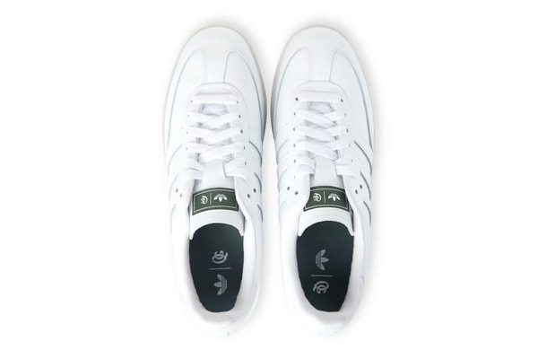 Official Look at the Quiet Golf x adidas Samba Golf hypegolf shoes collaboration release info spikes qg three stripes all white
