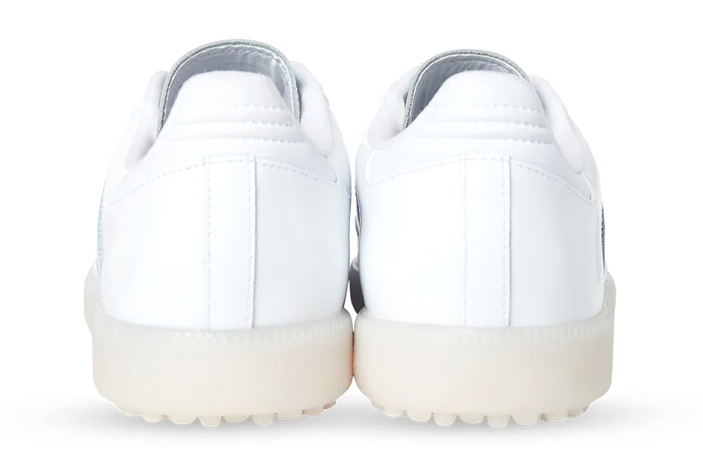 Official Look at the Quiet Golf x adidas Samba Golf hypegolf shoes collaboration release info spikes qg three stripes all white
