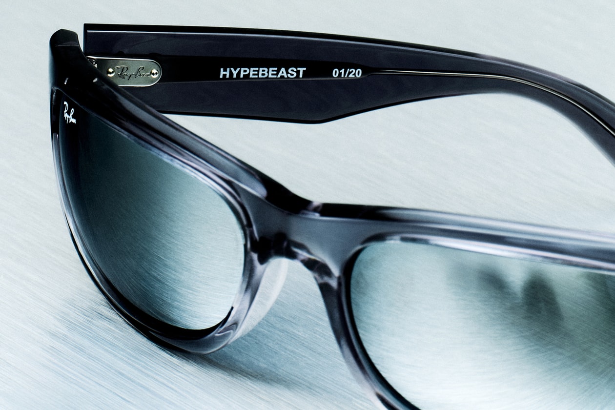 ray-ban hypebeast mega balorama sunglasses platinum anniversary collaboration 20th mirrored lens gray translucent logo silver pack