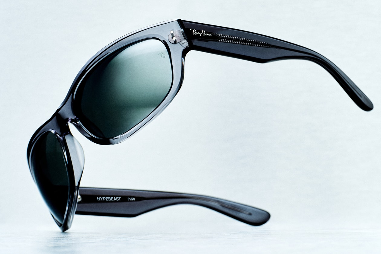ray-ban hypebeast mega balorama sunglasses platinum anniversary collaboration 20th mirrored lens gray translucent logo silver pack